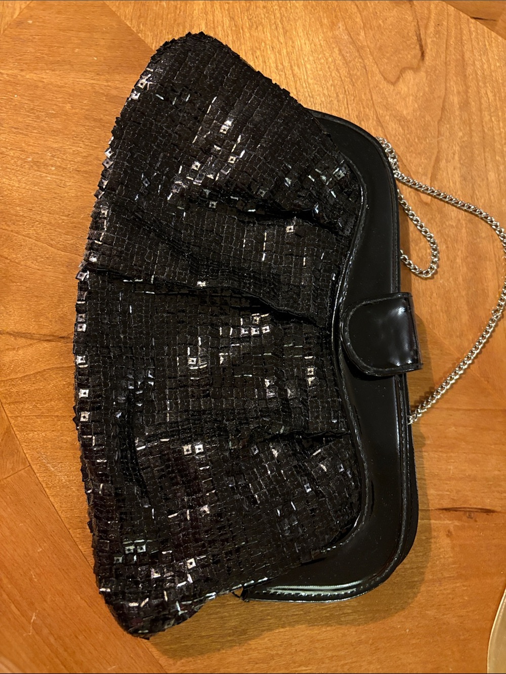 RW&CO. Black Sequin Ruching Evening Clutch with Chain Strap